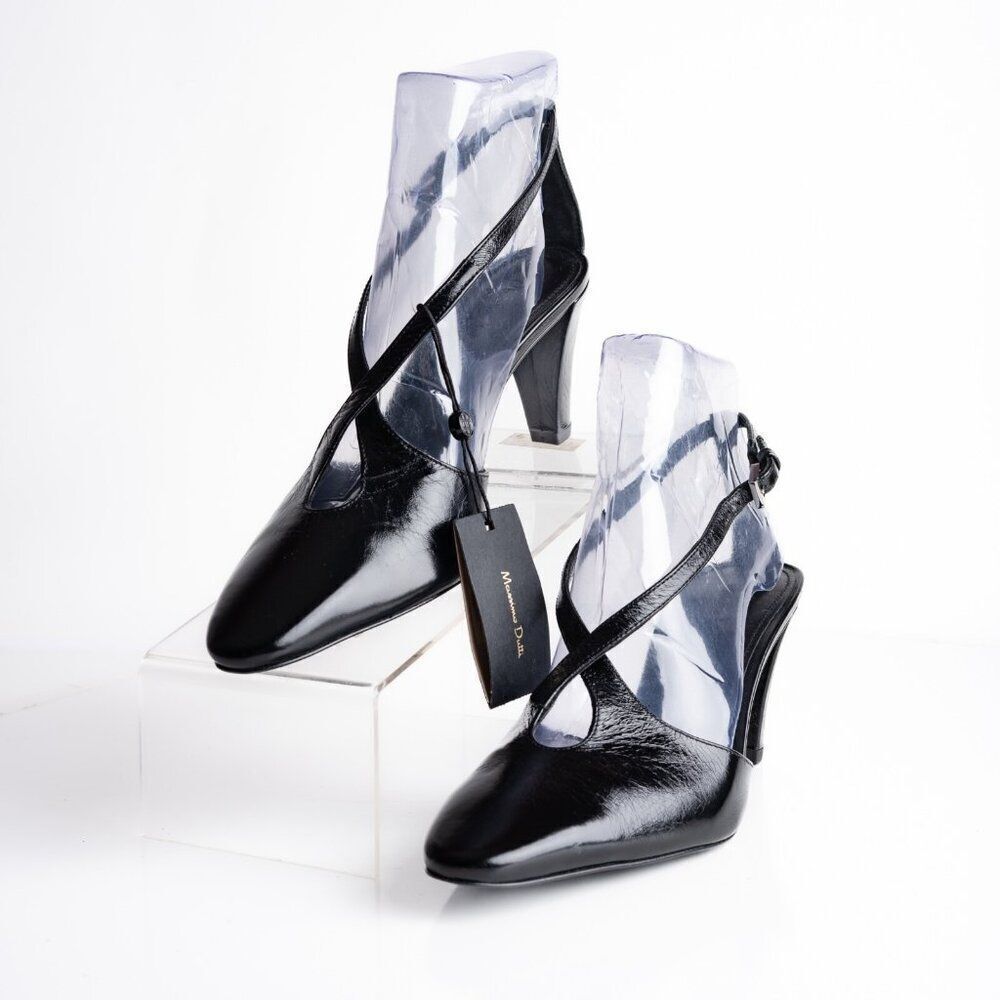 Massimo Dutti Womens Criss Cross Heels Slingbacks Black Leather US 7.5 EU 38 NWB